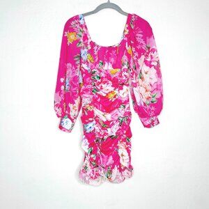 Valentines Day Pink Floral Mini Dress with Long Puff Blousson Sleeves Womens 8